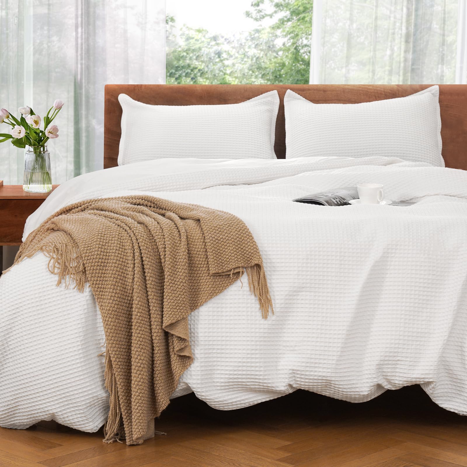 Valuxe Duvet Cover Set Queen Size 100% Cotton,White Waffle Weave Soft And Breathable 3 Pcs Bedding Set (1 Duvet Cover And 2 Pill